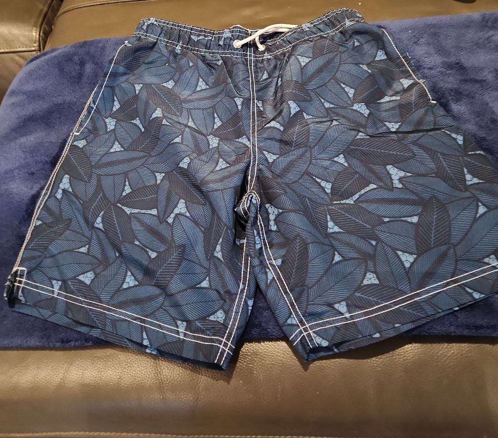 Lands' End Men's Navy and Light Blue Leaf-Pattern Swim Shorts